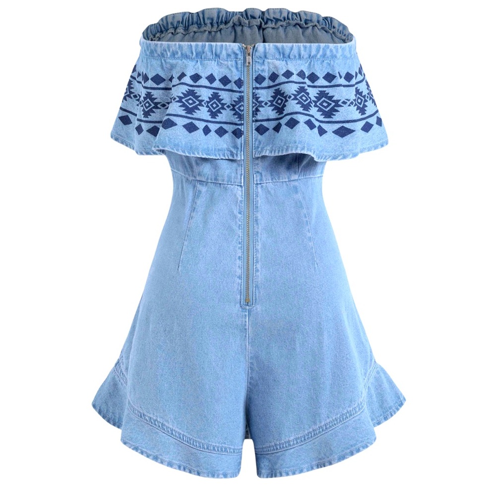 Denim Ruffle Hem Tube Romper. From Cider. Stretch: None